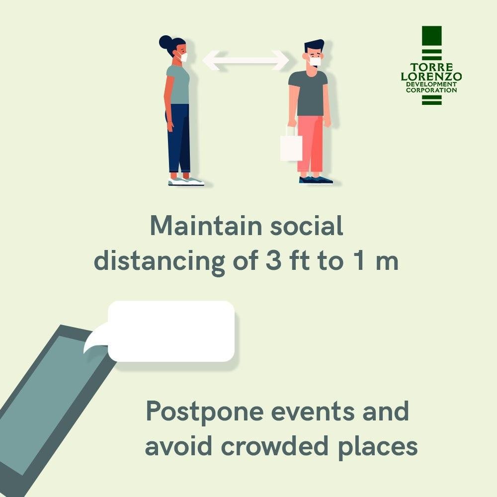 Social distancing infographic showing two masked people keeping one meter apart
