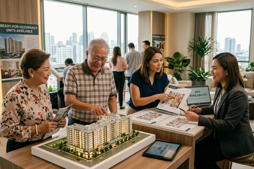 Real estate agent presenting a condominium model to prospective homebuyers in a modern sales office.