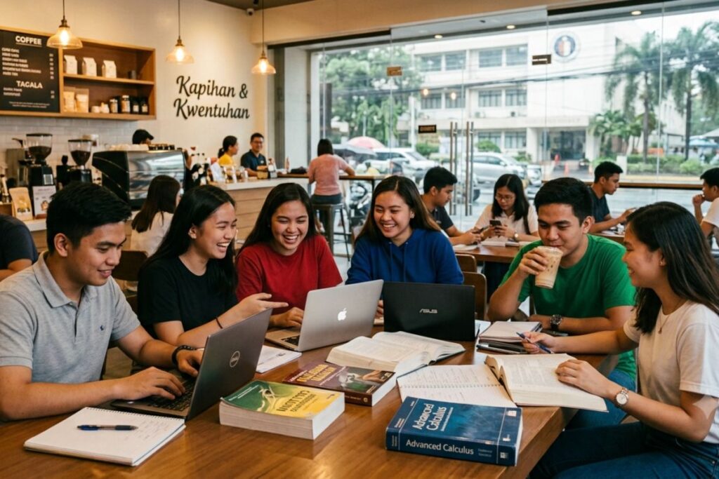 Filipino university students studying together in a modern café with laptops and textbooks.