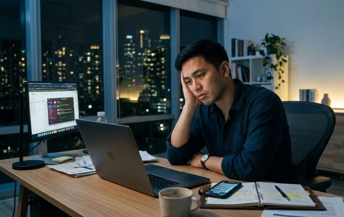 A man at a desk, engaged with his laptop and phone, representing a busy and productive work environment.