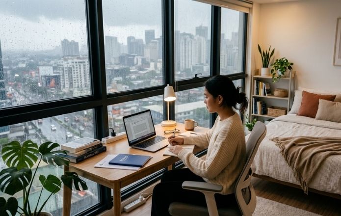 A woman at a desk uses a laptop while observing raindrops on the window, with study materials scattered around her.