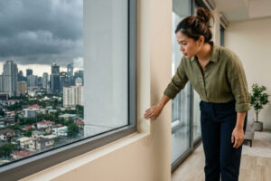 Condo owner inspecting water leak around window during heavy rain