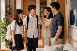 Family seeing off students at home before school