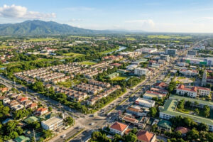 Residential community surrounded by greenery and mountains