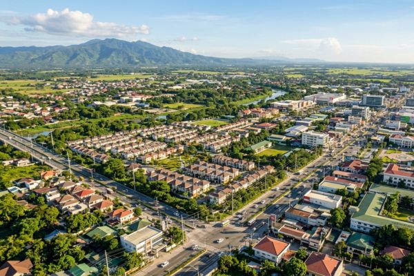Residential community surrounded by greenery and mountains