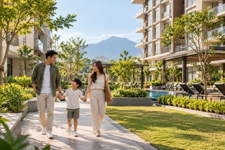 A family strolls along a path in front of a resort, surrounded by lush greenery and a welcoming atmosphere.